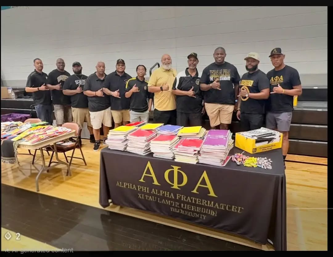 Xi Tau Lambda brothers distribute school supplies to North Dallas youth at a community event